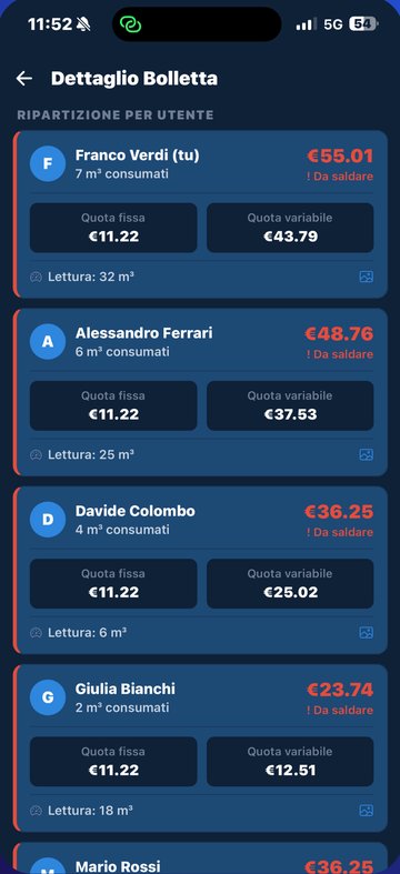 Dettaglio bolletta: ogni condomino vede quota fissa, quota variabile e lettura