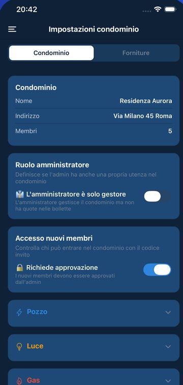 Impostazioni condominio: scheda Forniture con le forniture attive